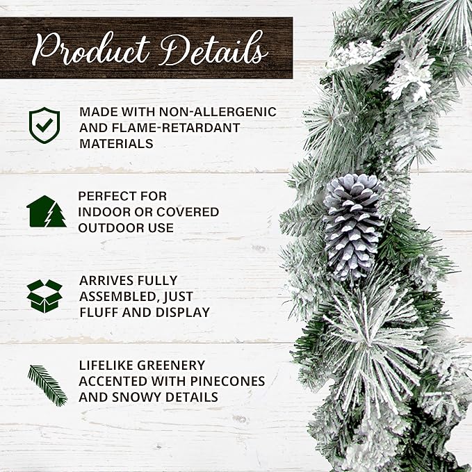 Fraser Hill Farm 24" Wreath and 6-Ft. Garland Set, Snow Flocked with Pinecones, FFCH002SET-0SN