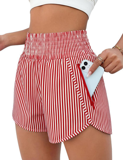 BMJL Women's Athletic Shorts High Waisted Running Short Pocket 2.5" Sporty Shorts Gym Elastic Workout Shorts(M,Red Striped)