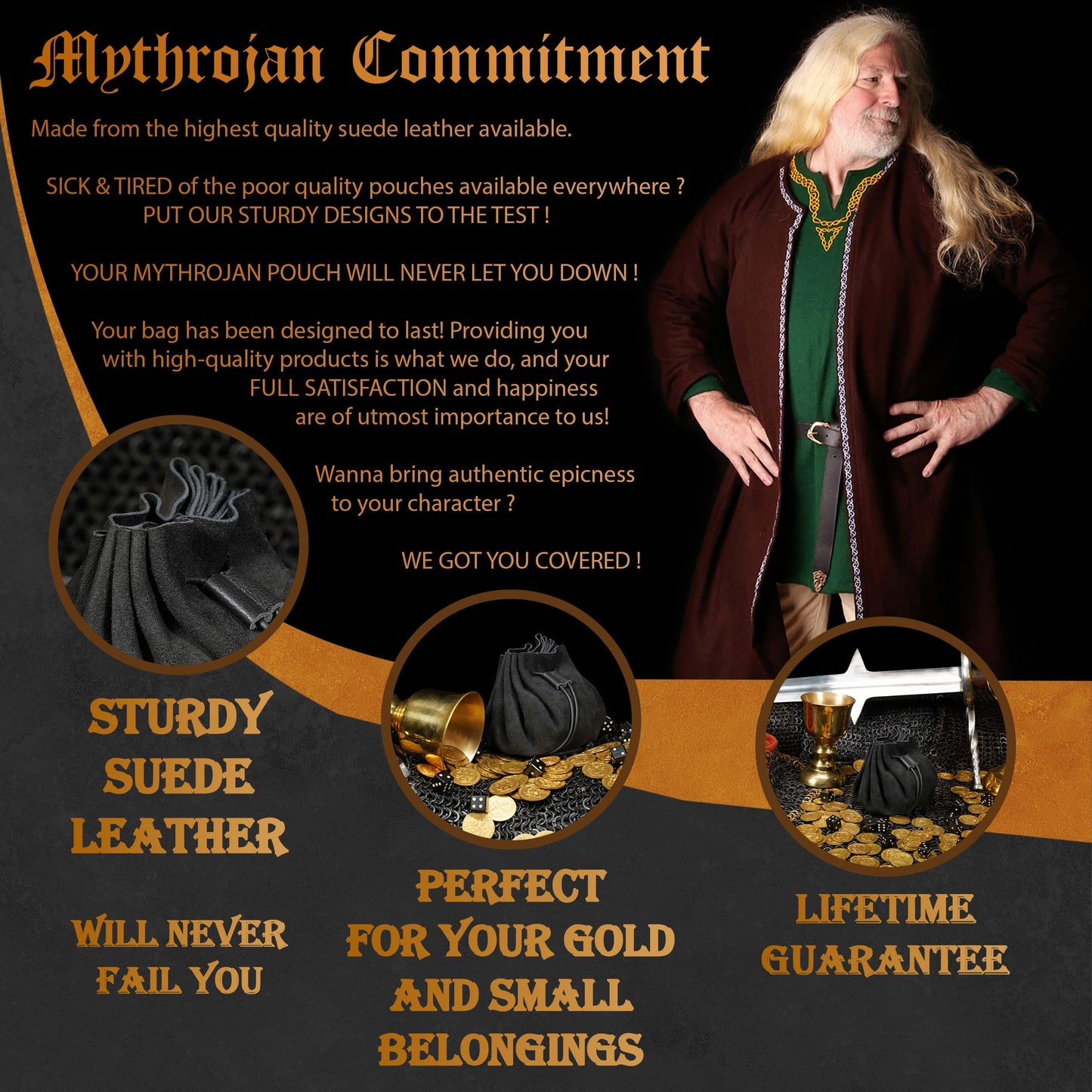 Mythrojan medieval leather pouch suede drawstring belt bag for larp, viking, renaissance cosplay, coin & jewelry waist purse (black, 3.8" x 3.8")