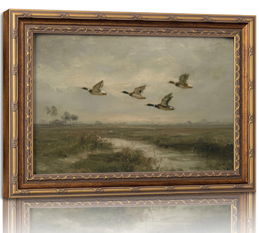 Vintage Gold Framed Flying Duck Wall Art Mallard Duck Canvas Wall Decor Rustic Mallard Poster Artwork Retro Rustic Farmhouse Animal Picture for Home Living Bedroom Farmhouse Hallway 9x11in