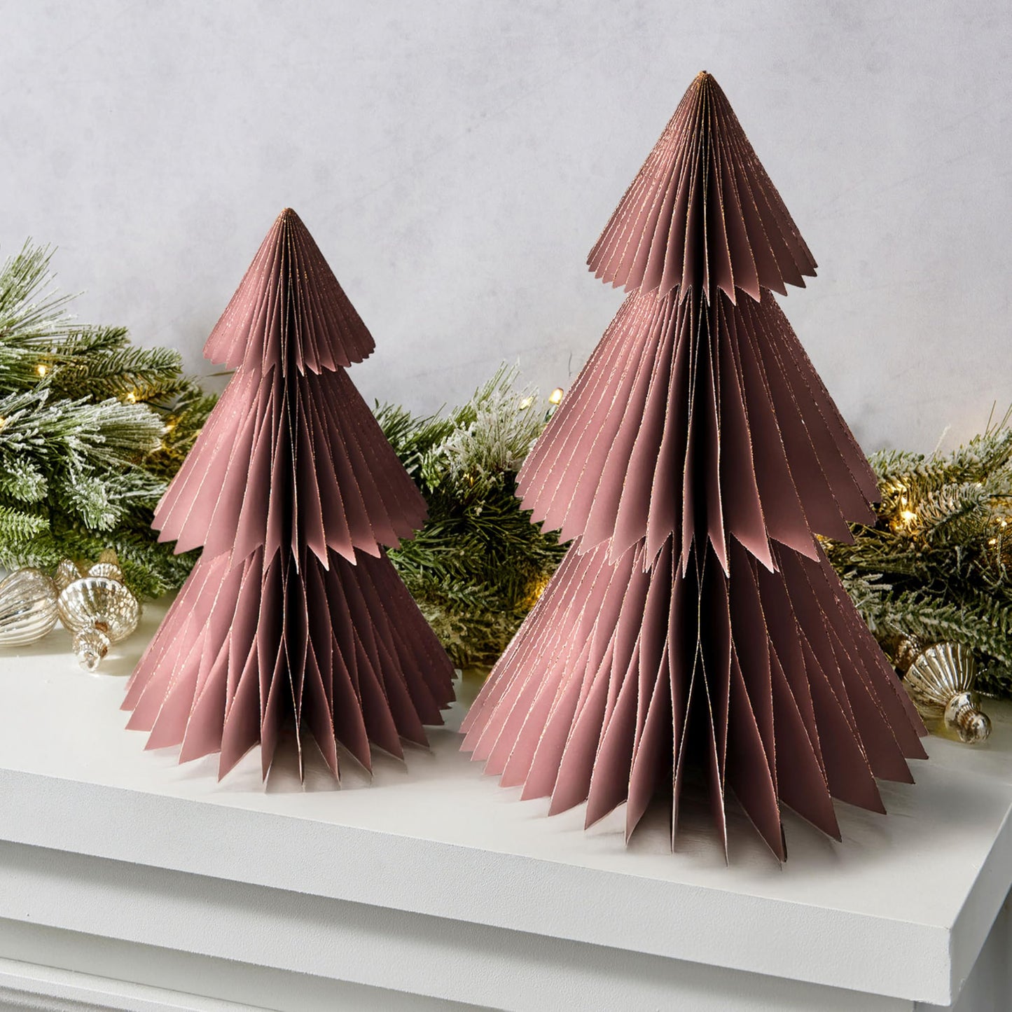 LampLust Paper Christmas Tree Decor, 2 Pack Dusty Rose Honeycomb Paper Trees, 10" & 12", Pink Decor, Winter Wonderland Decorations, Winter Decoration for Home, Winter Mantel Decor