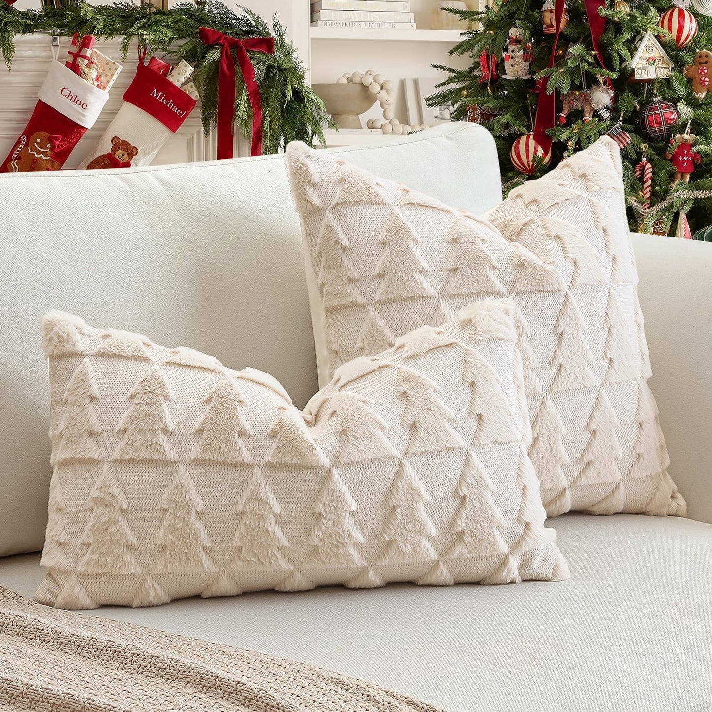 OTOSTAR Set of 1 Xmas Soft Plush Short Wool Velvet Decorative Throw Pillow Covers Square Luxury Style Cushion Case Pillow Shell for Sofa Bedroom Christmas Tree Cream Beige, 22x22 Inch