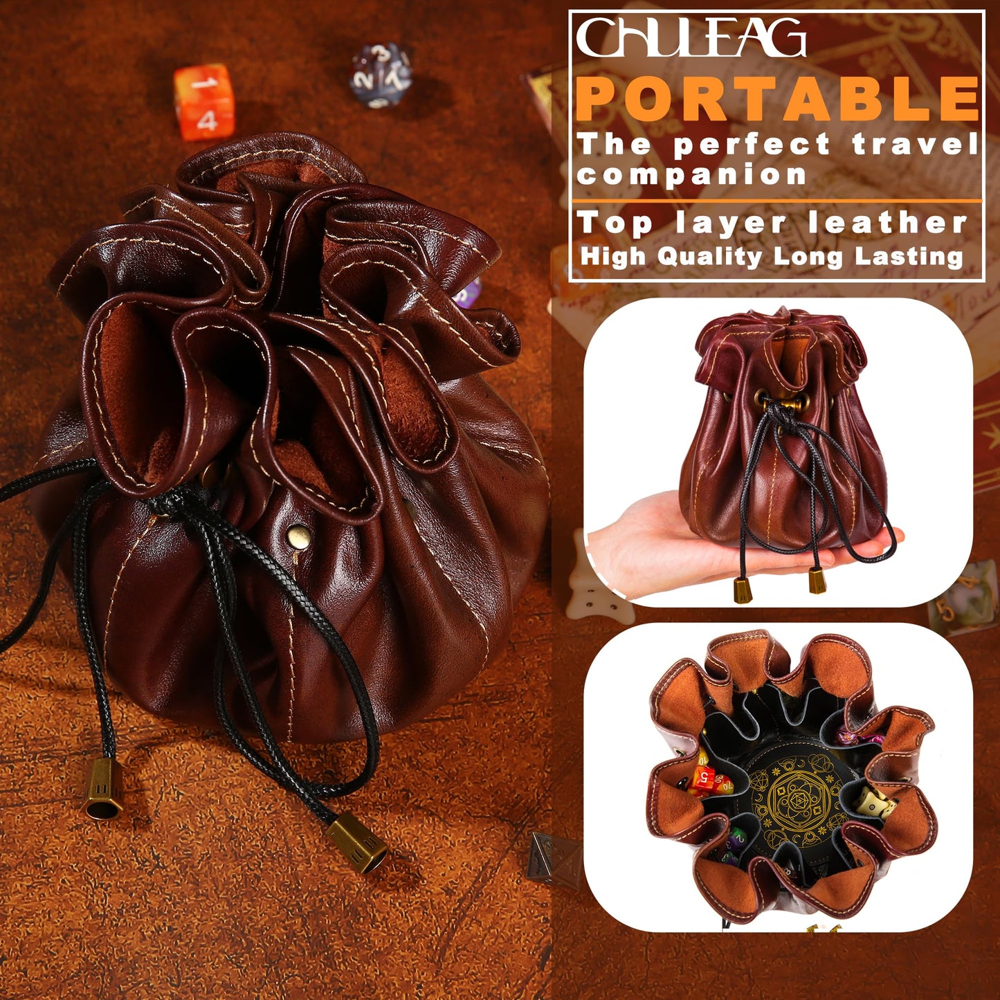 Chuleag Full-Grain Leather Dice Pouch with Built-in Rolling Tray, Magic-Themed, Large Capacity Collector's Organizer for D&D, RPGs & Dice Enthusiasts