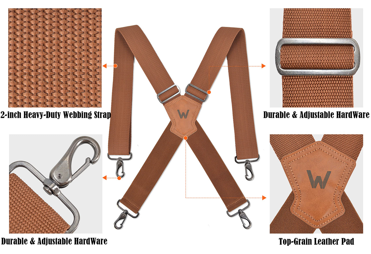 WELKINLAND Brown 2 inch wide suspenders, Heavy duty work suspenders for men, Swivel hook suspender, Thick suspender with belt loops