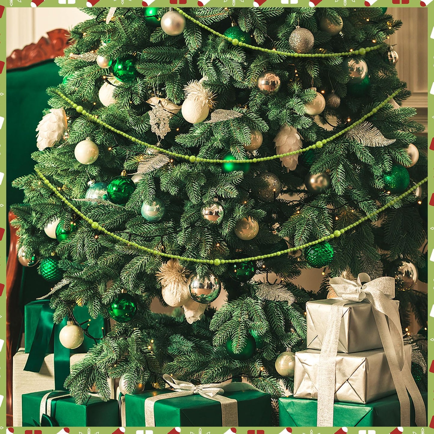 12 Feet Summer Christmas Wooden Beads Garland Round Craft Farmhouse Vintage Christmas in July Wood Bead Garlands for Xmas Supplies(Green)