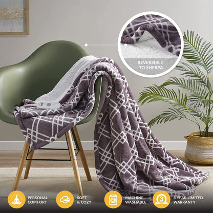 Serta Heated Blanket - Reversible Fleece to Sherpa Electric Blanket, Fast Heating, Auto Shut Off Timer, Multi Heat Setting, ETL Certified, Machine Washable, Grey Full 84"x 77"
