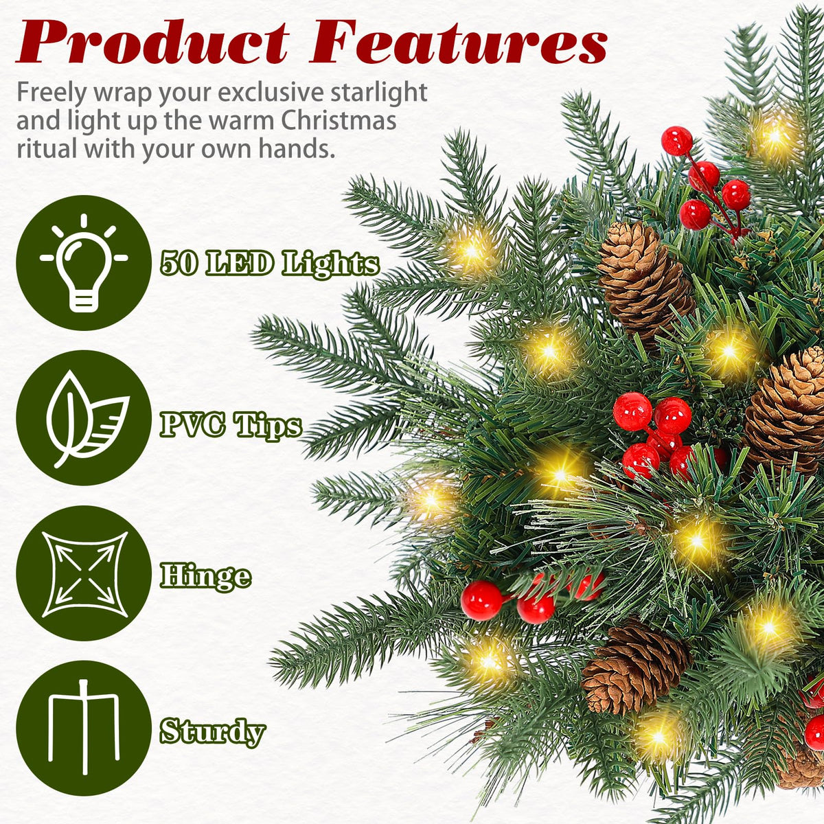 Lighted Artificial Christmas Urn Filler, 2 Pack Small Xmas Pine Tree Outdoor Decorations with Cones, Red Berries & 50 LED Lights, Light Up Planter Filler Decor for Porch Yard, Garden, Cemetery