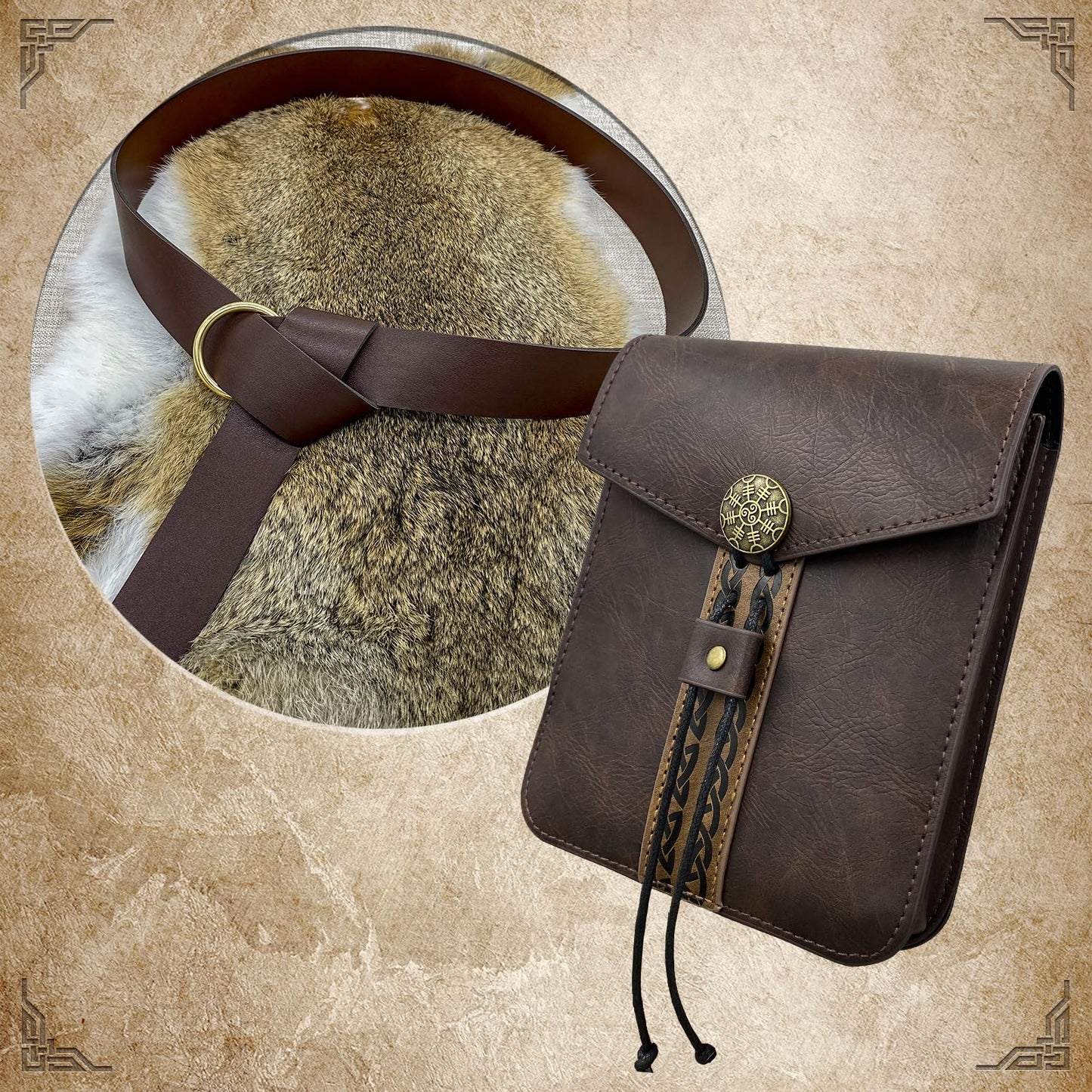 EpicCos 2 PCs Medieval Vintage belt Bag Set, Middle Ages Faux Leather Belt with Belt Pouch, Renaissance Costume Accessories (Brown A)