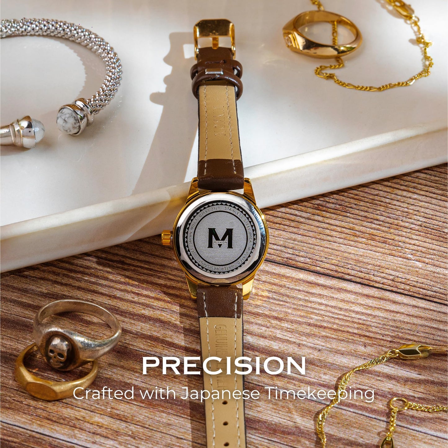 Miykon Dainty Minimalist Casual Dress Watches for Women – Small Easy Reader Analog Watch with Genuine Leather Strap and Second Hand – Japanese Quartz, Waterproof to 100ft (Brown Strap, Gold Case, Gold Dial, 26mm)