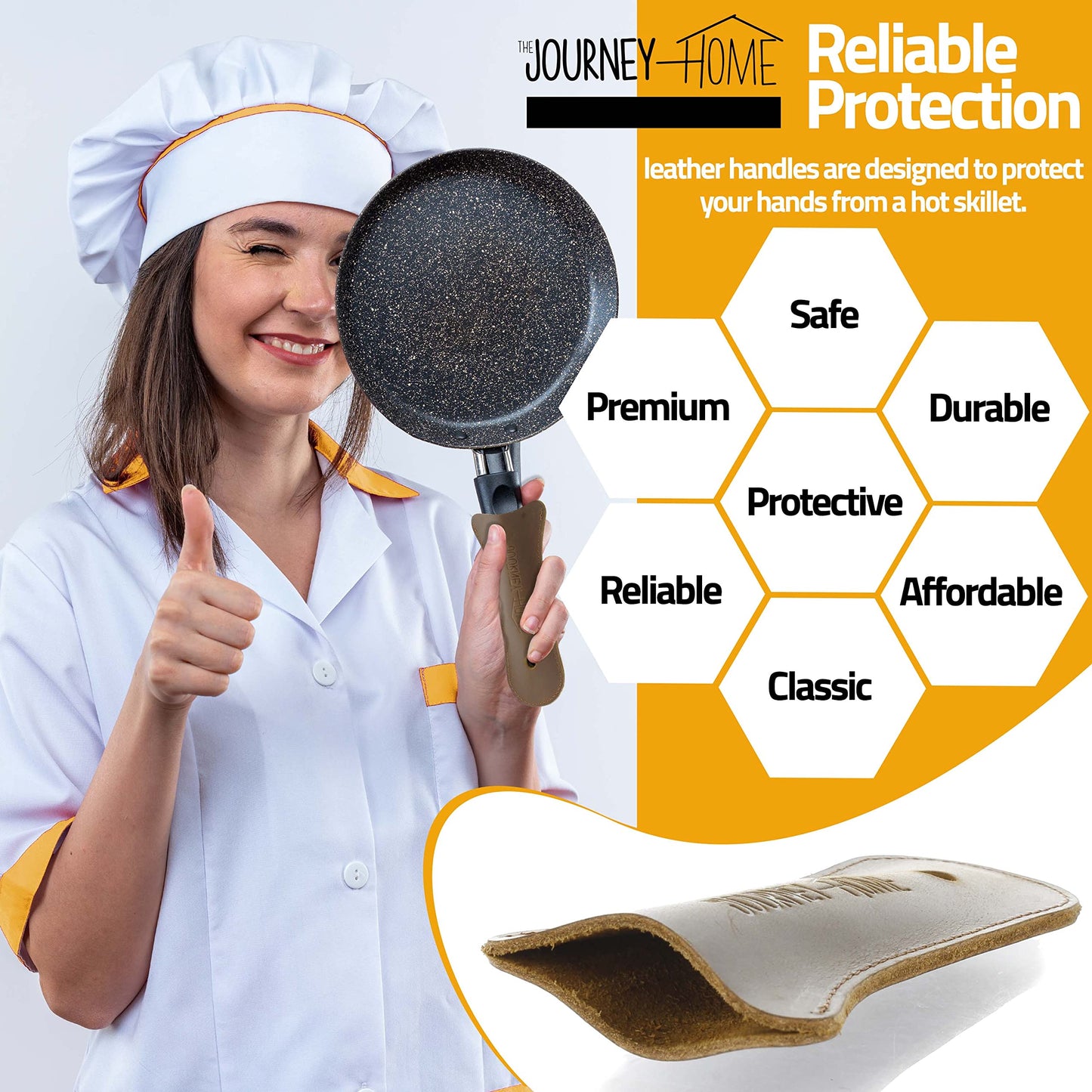 The Journey Home Cast Iron Skillet Handle Covers - Cast Iron Handle Cover w/Metal Scrubber - Heat Resistant Leather Pan Handle w/Hole - Cast Iron Accessories - Gift Sets for Men - Chainmail Scrubber