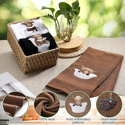 3 Pcs Highland Cow Hand Towels for Bathroom Embroidered Bathroom Towels