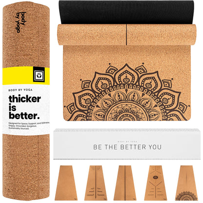 Luxury Cork Yoga Mat - Non Slip, Extra Thick Grip. Thicker, Longer, and Wider for More Comfort and Support. Tough Enough For Hot Yoga. Natural, Non Toxic, and Eco Friendly. Optional Alignment Lines.