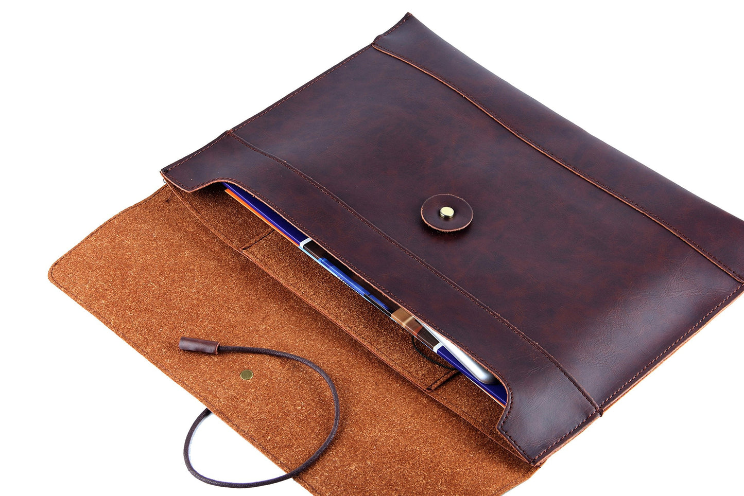 men woman pu leather multifunction office documents bags A4 paper file pouch envelope bag conference, Brown, 13.8"(L)x9.8"(H) x 0.2"(W)