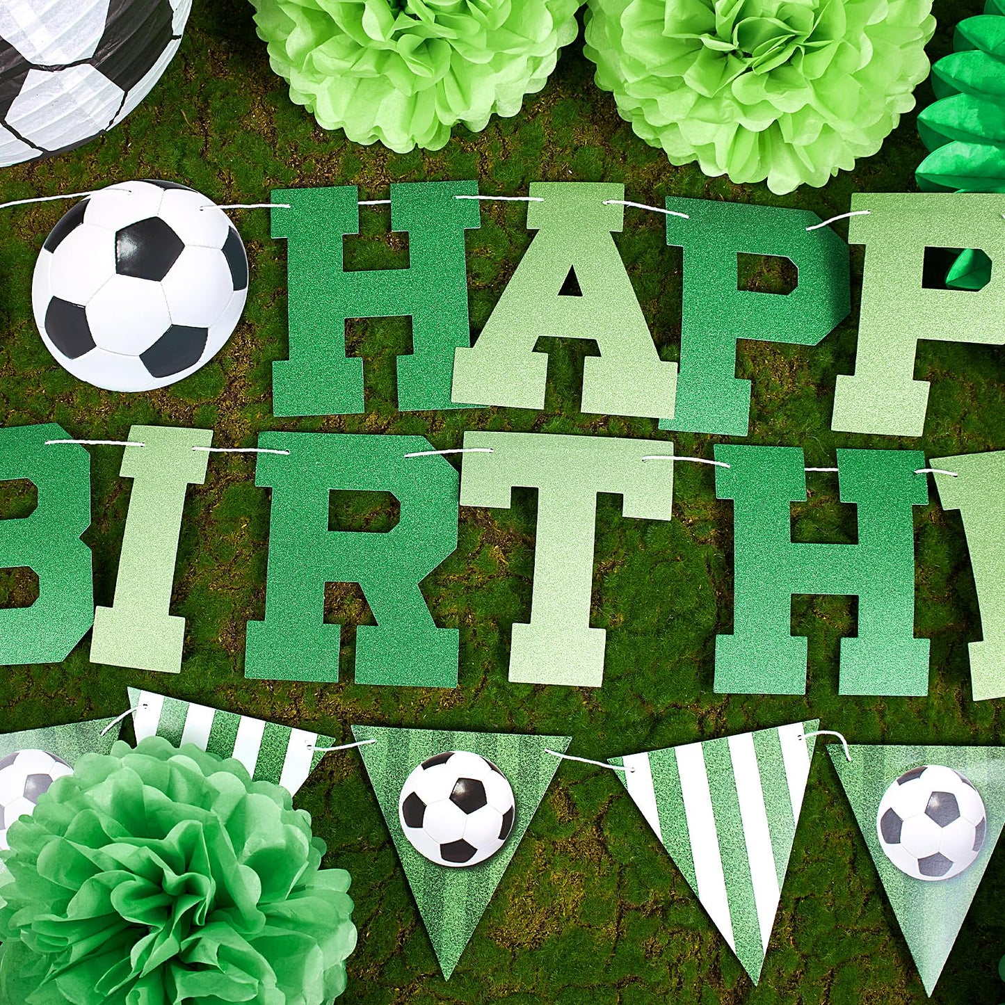 OBBOLO Soccer Birthday Party Decorations, Pre-Strung Soccer Birthday Banners, Including 2 Soccer Ball Paper Lanterns, Green Paper Fans and Pompoms for Boys Birthdays, Sports Party Decorations