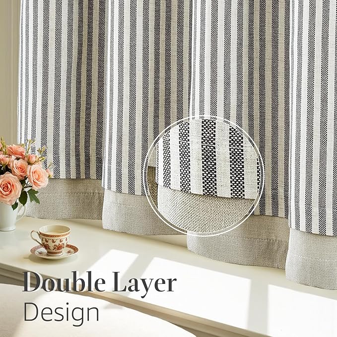 jinchan Double Layer Striped Linen Kitchen Tier Curtain Rustic Cafe for Living Room Bathroom Half Window Curtain Light Filtering Rod Pocket 1 Panel 24 Inch Charcoal Grey