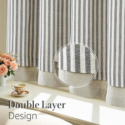 jinchan Double Layer Striped Linen Kitchen Tier Curtain Rustic Cafe for Living Room Bathroom Half Window Curtain Light Filtering Rod Pocket 1 Panel 24 Inch Charcoal Grey