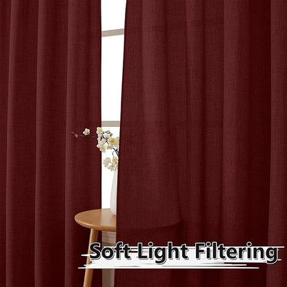 Tollpiz Linen Tier Curtain Rod Pocket Semi Sheer Half Kitchen Curtains Burlap Light Filtering Thick Linen Drape for Bathroom, 30 x 36 inches Long, Burgundy Red, Set of 2 Panels