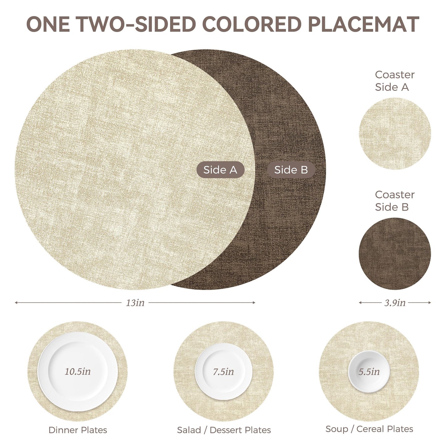 13" Round Placemats Set of 6, NCUE Dual-Sided Faux Leather Heat Resistant Table Mats, Waterproof Oilproof Washable Protective Table Placemats with Coaster, Wipeable Vinyl for Indoor & Outdoor Use