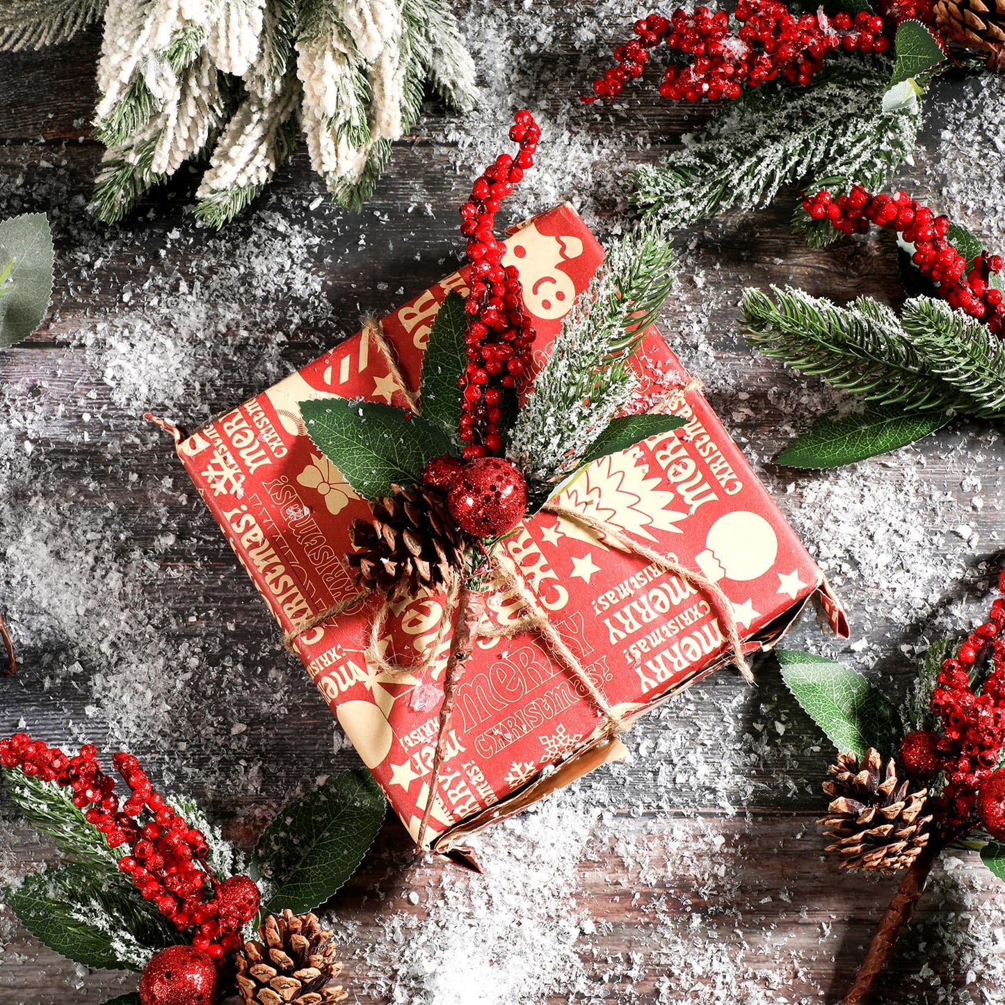 Boao 12 Pieces Glittery Pine Snowy Flower Picks Artificial Holly Red Berry Pine Cone Picks Fake Berries Pine Cones for Christmas Crafts Party Festive Home Decor (Glitter Sequins Style, 11 Inch)