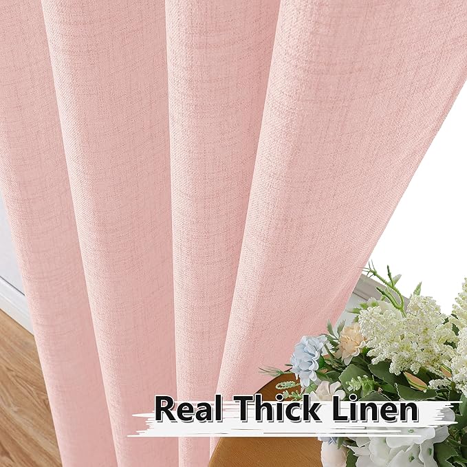 Tollpiz Linen Tier Curtains Rod Pocket Semi Sheer Short Kitchen Curtain Half Burlap Light Filtering Thick Linen Drape for Bathroom, 30 x 30 inches Long, Pink, Set of 2 Panels