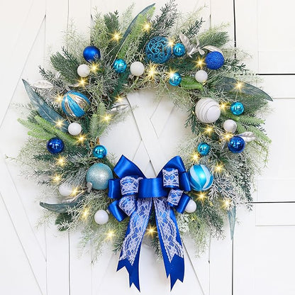 TOKCARE Prelit Christmas Wreath with Blue Bow and Ball Ornaments 22 Inch Christmas Wreath with Lights for Front Door Battery Operated Timer 40 LED Lights, Holiday Decoration for Fireplace Xmas Decor