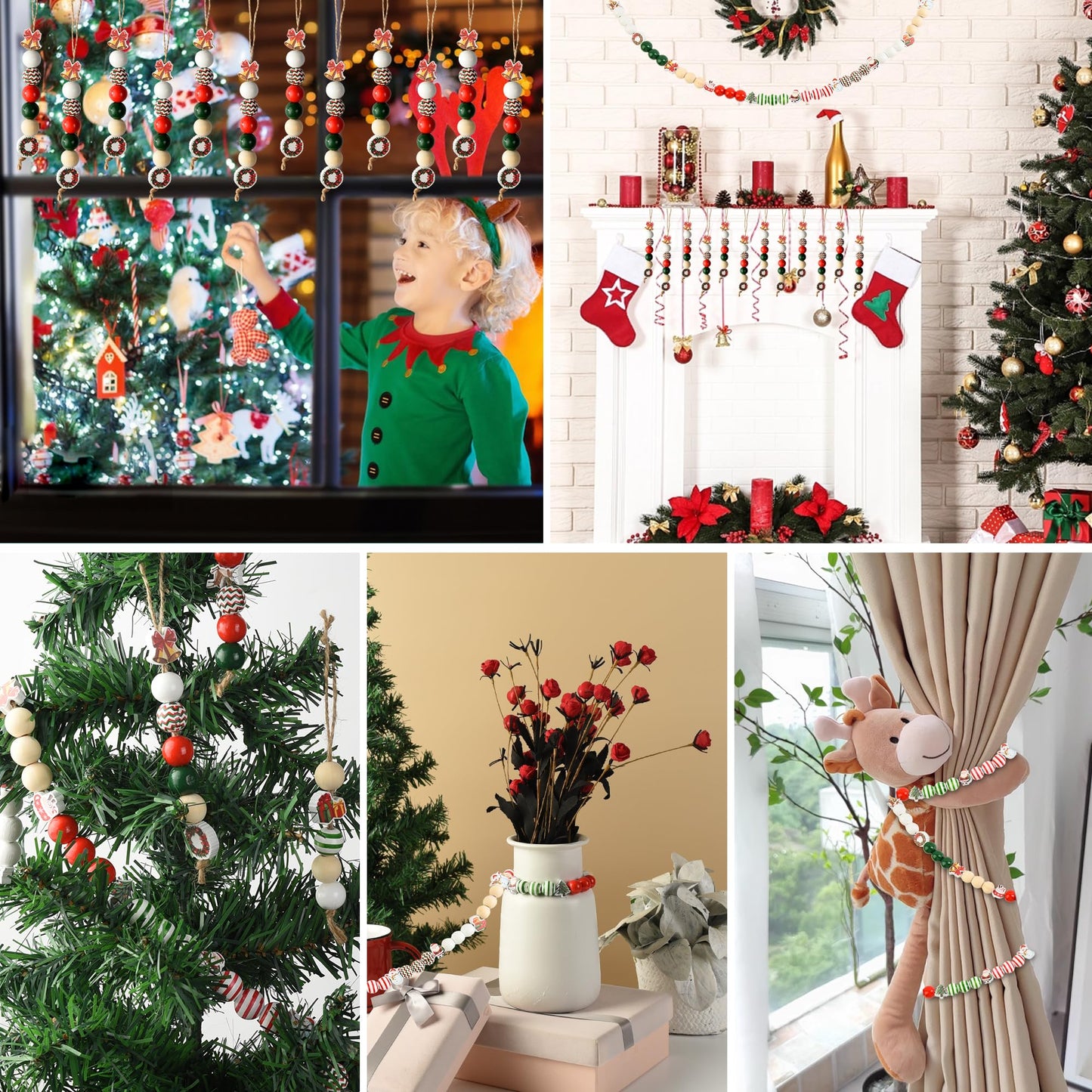 240 Pieces Christmas Wooden Beads Red Green Wood Beads Snowman Gingerbread Santa Deer Craft Bead with Hole for Winter Holiday Garland Making Xmas Home Tree Hanging Decoration