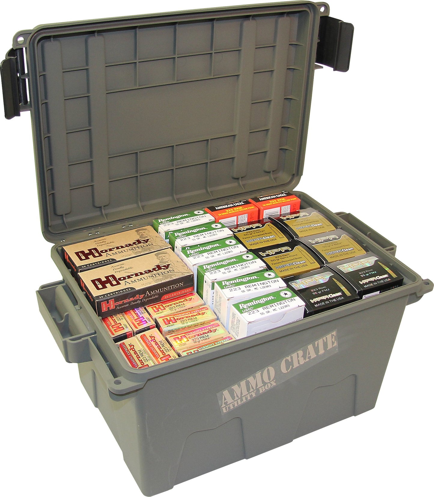MTM ACR7-18 Ammo Crate Utility Box, Ammo, survival or hunting gear storage, O-Ring seal for water resistant dry storage, Double padlock tabbed for security, Carries 65lbs of gear, Army Green