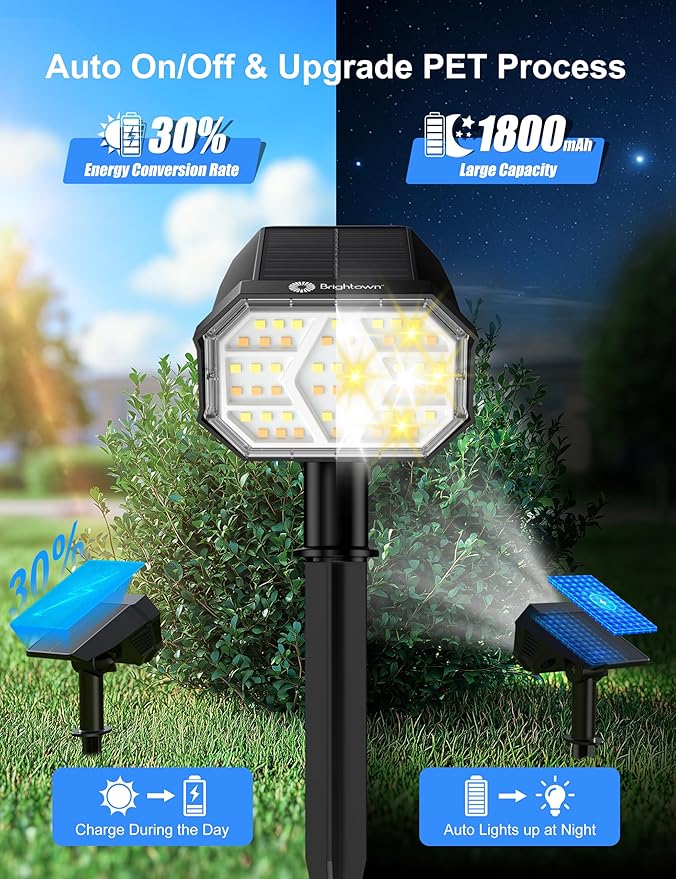 Brightown 6Pack Solar Spot Lights Outdoor [Cool & Warm Light 2-in-1], IP67 Solar Lights Outdoor Waterproof with 1800mAh, Two Mounting Methods Outdoor Solar Lights for Yard, Garden and Pathway