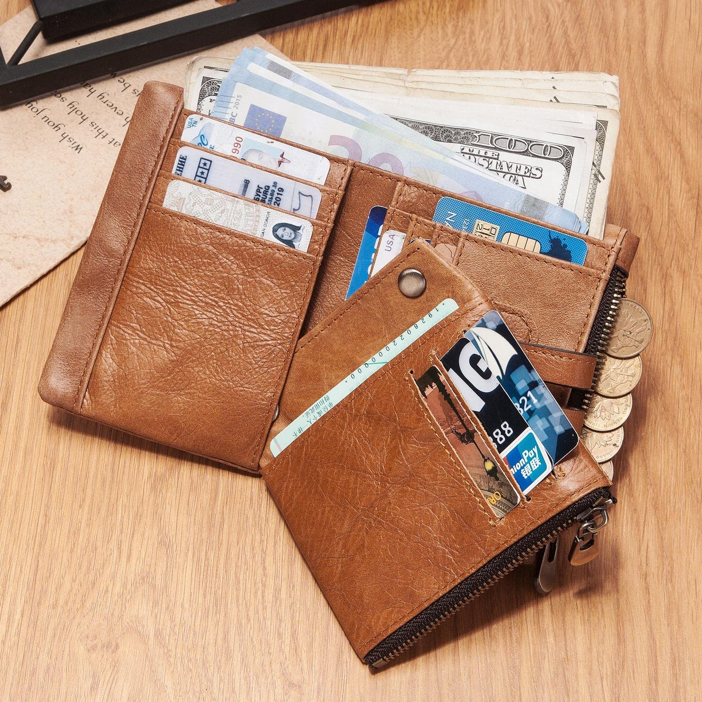 gzcz Mens Wallet with Chain RFID Blocking Genuine Leather Bifold Purse for Men ID Window and Zip Coin Pocket (Brown)