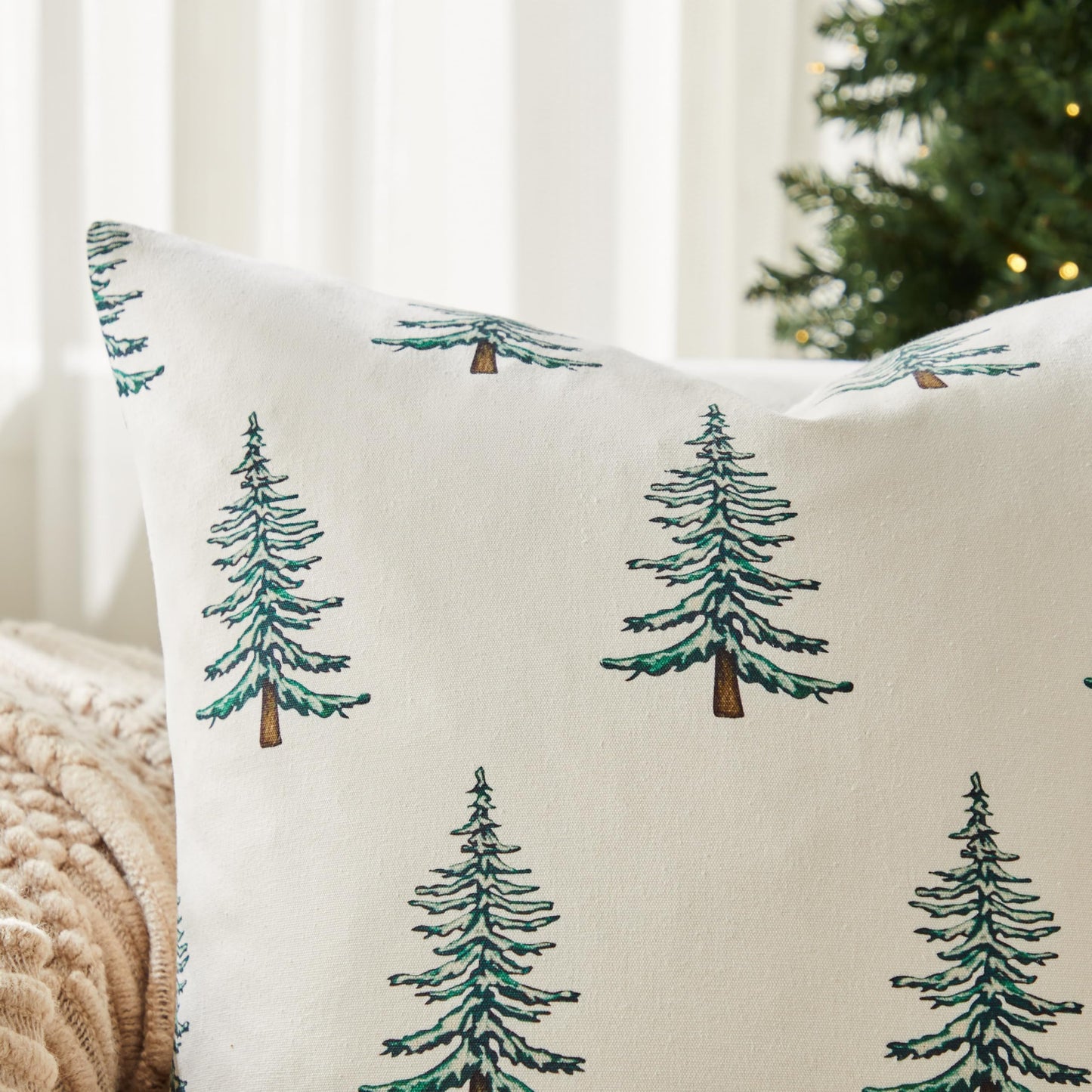 YZJZEDS 100% Cotton Christmas Pillow Covers Set of 2, 24x24 Inch Christmas Green, Winter Tree Print Decorative Xmas Throw Pillow Covers Cushion Case Winter Home Decor for Sofa Bed Living Room