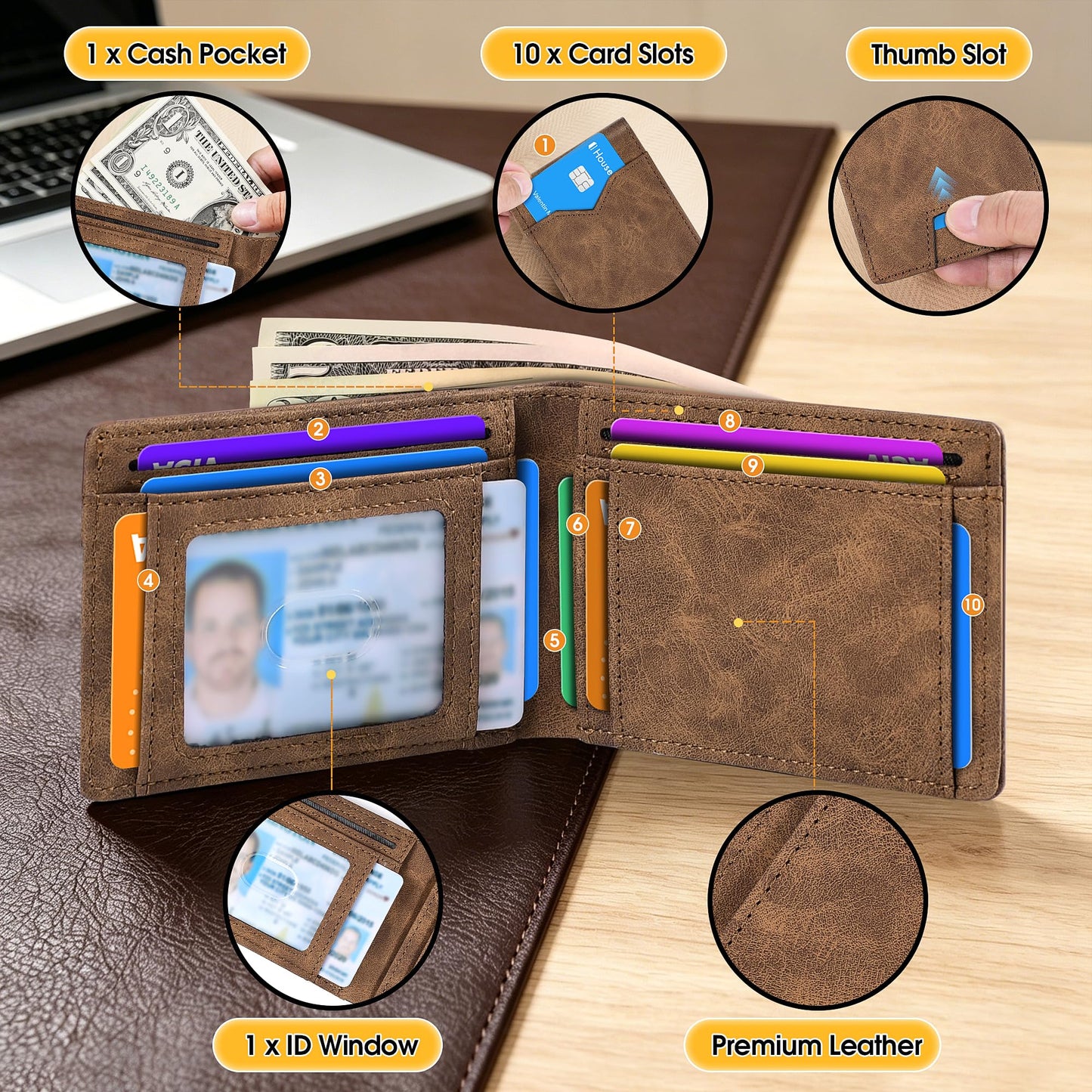 XZVXZV Man Slim Wallet Leather Money Clip RFID Blocking Front Pocket Minimalist Bifold Wallet Thin Credit Card Holder Coffee