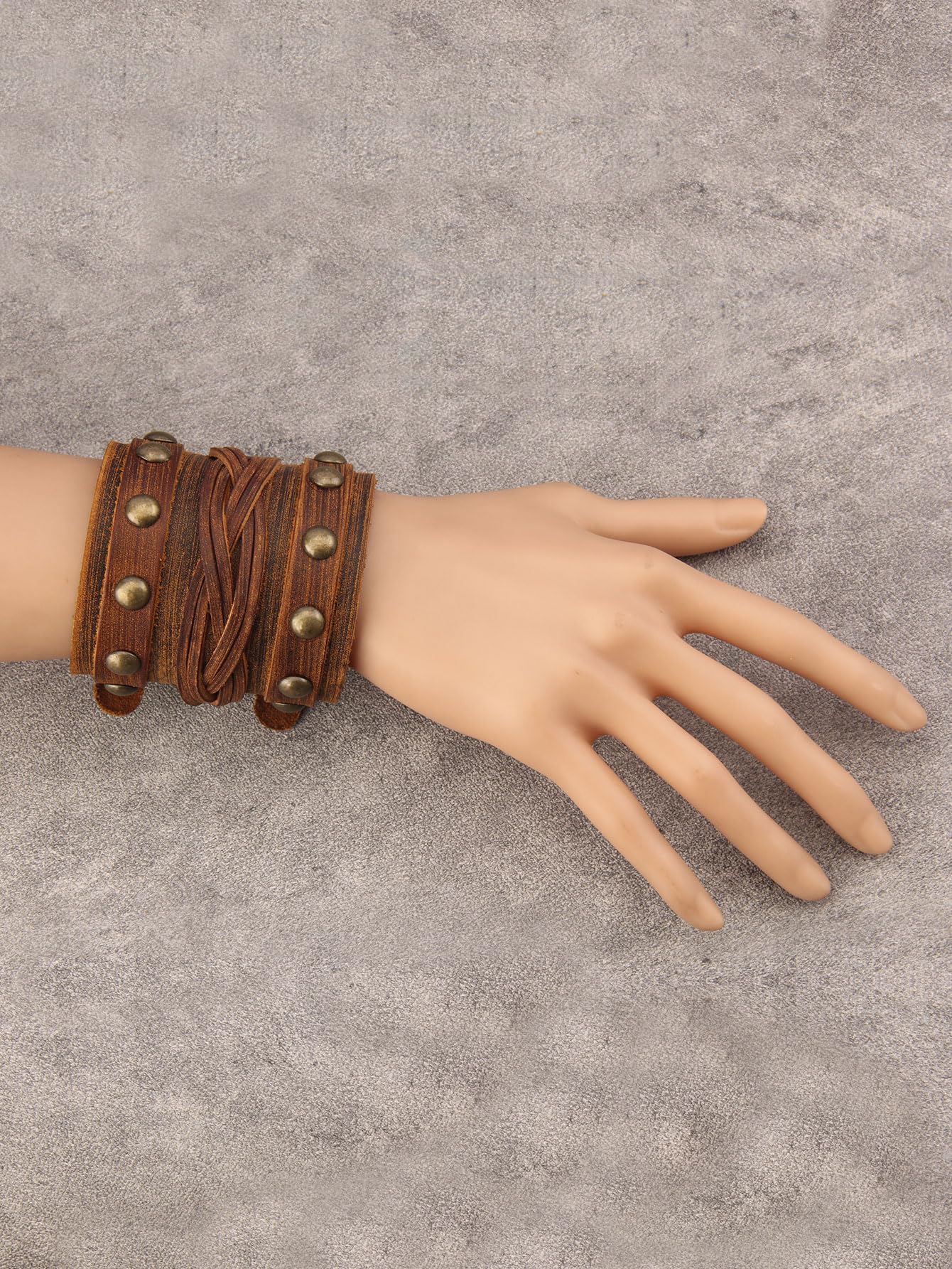 Jeilwiy Leather Cuff Bracelet for Men Multi Strap Leather Bracelet Mens Leather Wristband Brown Wrist Wrap Bracelet Wide Nordic Viking Bracelet