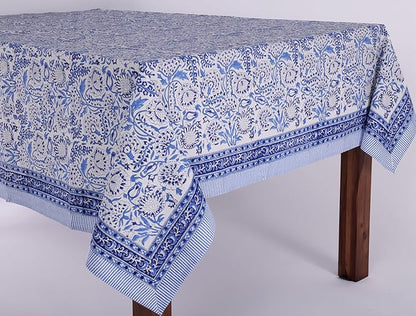 ATOSII Indigo Bloom 100% Cotton Spring Summer Tablecloth, Block Print Square Table Cover for Dining, Parties, Weddings, Outdoors, Grand Millenial Decor 60 X 60 Inches I 4 Seater