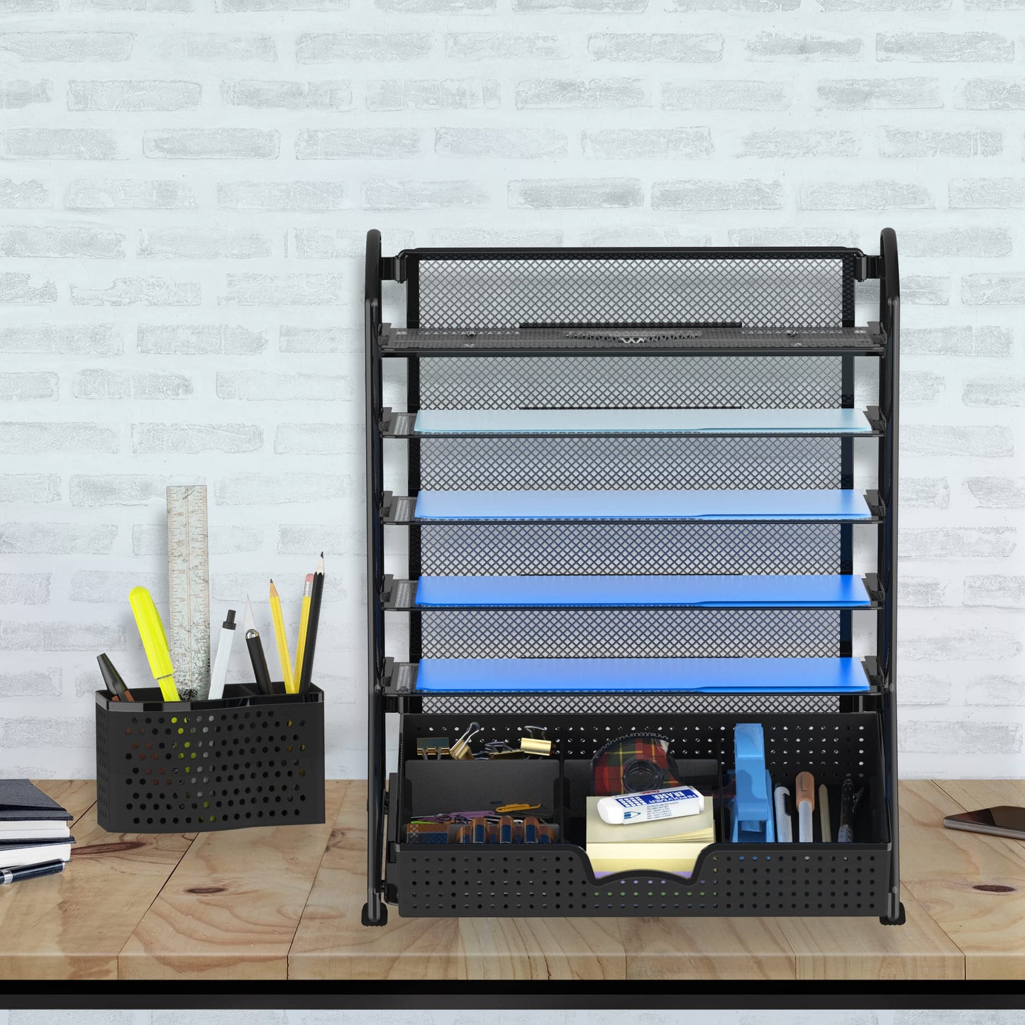 Simple Houseware 6-Tier Desk Document File Tray Organizer with Supplies Sliding Drawer, Black