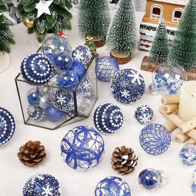 Super Holiday Christmas Ball Ornaments, 33PCS Blue Clear Shatterproof Plastic Foam Ornaments Set for Hanging Xmas Tree Holiday Thanksgiving Party Decor.