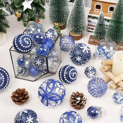 Super Holiday Christmas Ball Ornaments, 33PCS Blue Clear Shatterproof Plastic Foam Ornaments Set for Hanging Xmas Tree Holiday Thanksgiving Party Decor.