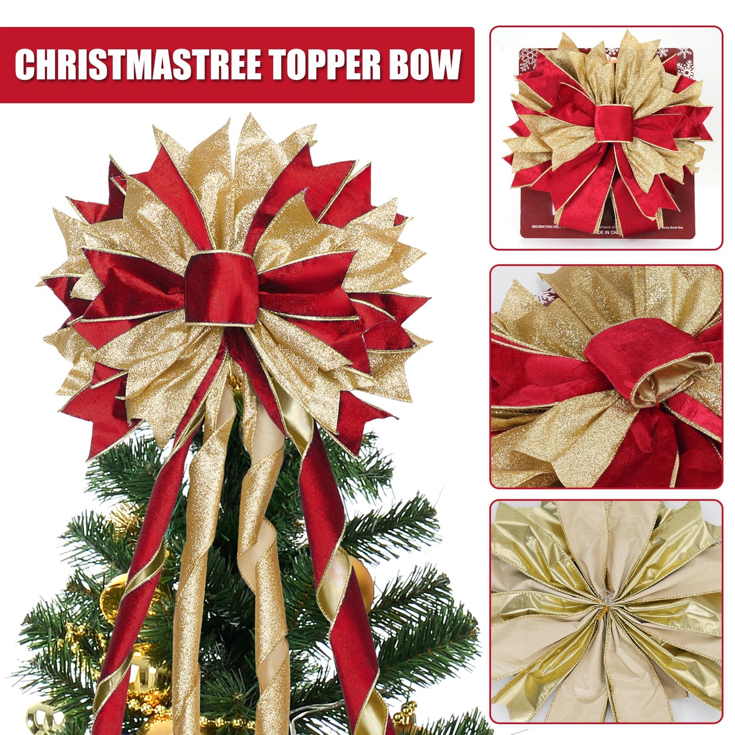 Red Gold Christmas Tree Topper, 40x13 Inches Toppers Bow with Glitter Satin Mesh Streamer and Patterned Ribbon, Christmas Tree Topper Bow for Christmas Home Decoration