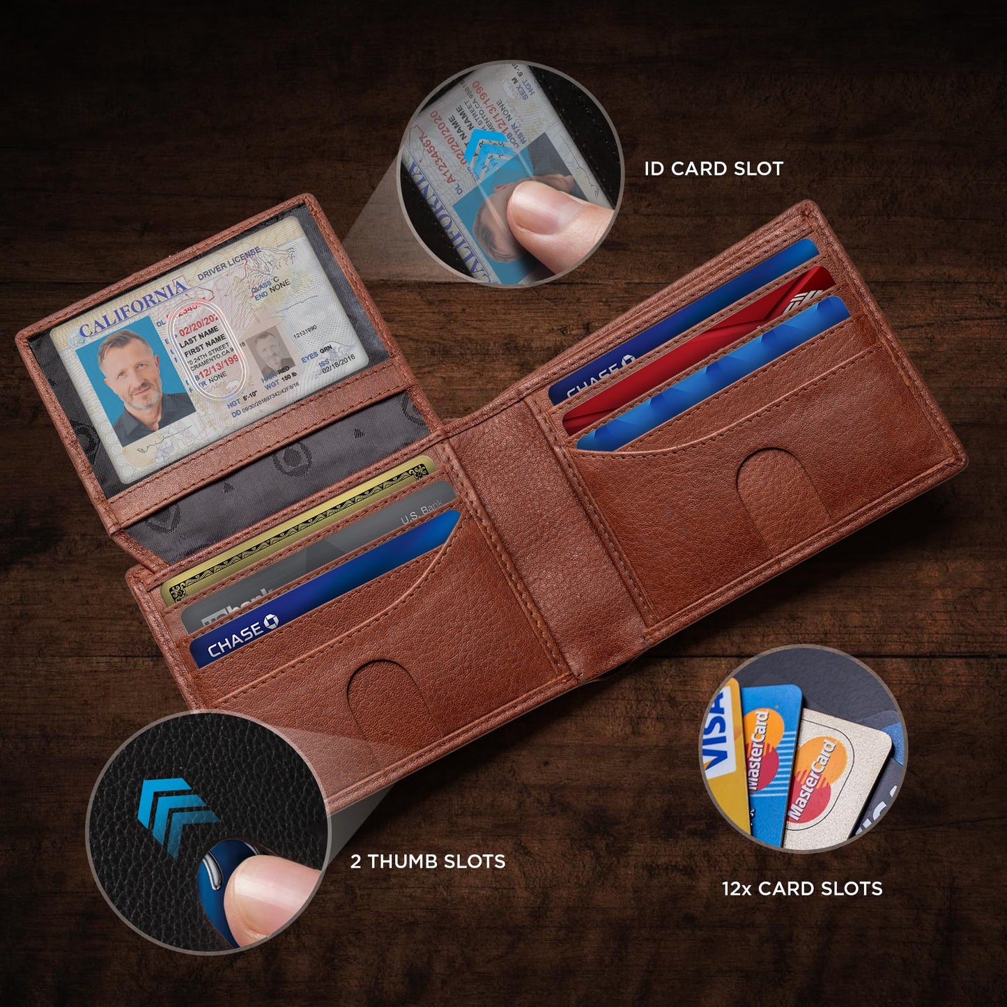 Full Grain Leather Wallet for Men | RFID Blocking | Extra Capacity Bifold Wallet with ID Windows | Ultra Strong Stitching | Slim Billfold with 13 Card Slots | Gift for Him (California Desert Venture)