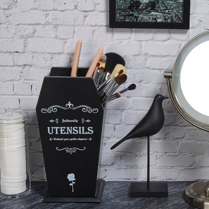 Gothvanity Gothic Coffin Utensil Holder - Large Stable Spooky Dark Aesthetic Kitchen Organizer, Wooden Black Kitchen Decor 12.5X8X5 Inches