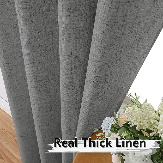 Tollpiz Linen Curtain Bedroom Rod Pocket Semi Sheer Curtains Burlap Light Filtering Thick Linen Drape for Living Room, 54 x 63 inches Long, Dark Grey, Set of 2 Panels