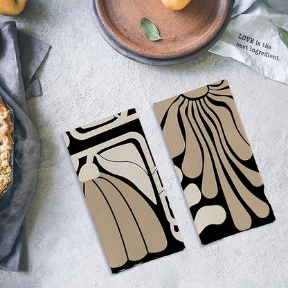 Abstract Boho Neutral Taupe and Beige Floral Kitchen Towels Set of 2, Retro 70s