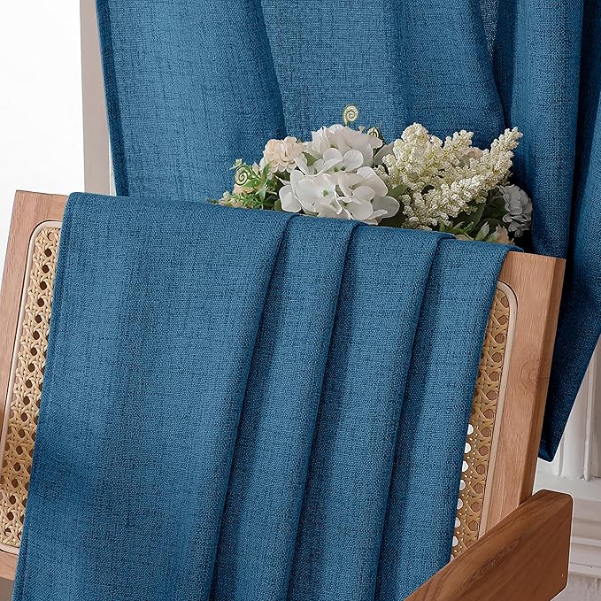 Tollpiz Short Linen Curtain Living Room Rod Pocket Semi Sheer Curtains Burlap Light Filtering Thick Linen Drape for Bedroom, 54 x 45 inches Long, Classic Blue, Set of 2 Panels