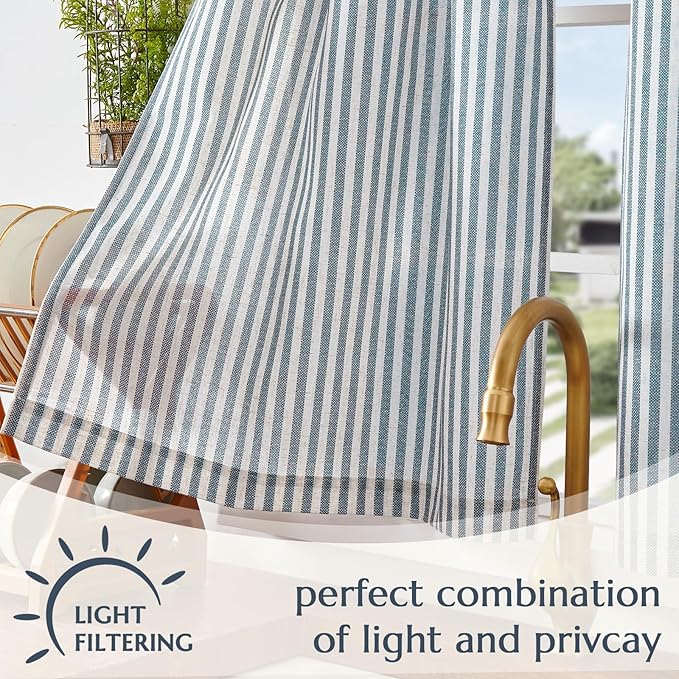jinchan Striped Linen Kitchen Curtains 45 Inches Length Tier Curtains Farmhouse Modern Cafe Style Small Window Treatments Airy Light Filtering Rod Pocket for Living Room Bathroom 2 Panels Blue