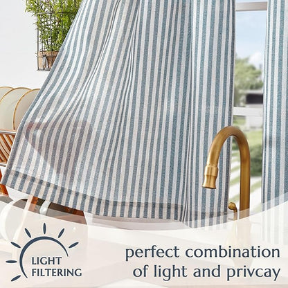 jinchan Striped Linen Kitchen Curtains 45 Inches Length Tier Curtains Farmhouse Modern Cafe Style Small Window Treatments Airy Light Filtering Rod Pocket for Living Room Bathroom 2 Panels Blue