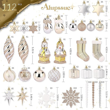 Alupssuc 112pcs Christmas Balls Ornaments Set, Shatterproof Plastic Baubles Christmas Penguin, Polar Bear for Xmas Tree Holiday Wedding Party Decorations with Hanging Strings, Gold, Silver and White