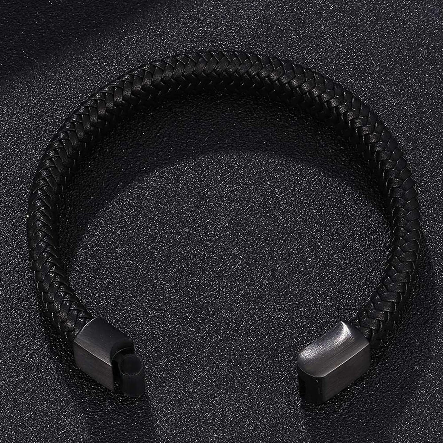 Silverso Men's Leather Bracelet, Stackable Stainless Steel Clasp Bracelets for Men Stylish Birthday, Thanksgiving, Valentine's Day Gift for My Man (7.8" Pure Black)