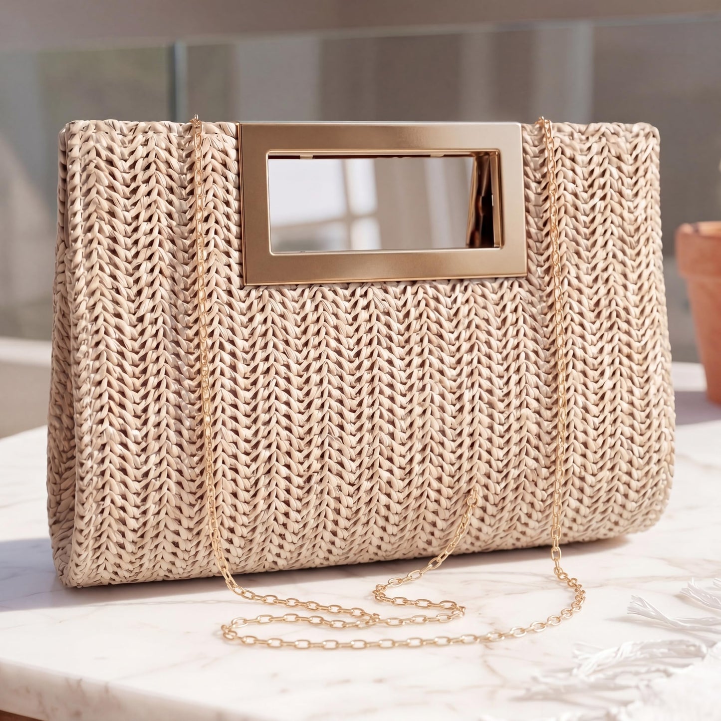 Gilprop Woven Clutch Purse for Women, Envelope Evening Bag Boho Crossbody Handbag for Summer Beach and Wedding Guest (Beige)