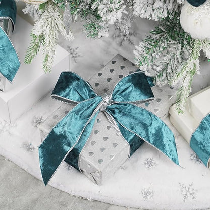 MEEDEE Crushed Teal Velvet Ribbon with Silver Back Double Sided 2.5 inch 10 Yards Blue and Gray Wired Ribbon for Christmas Tree, Wreath Supplies, Crafts Bow, Garlands, Seasonal Decorations