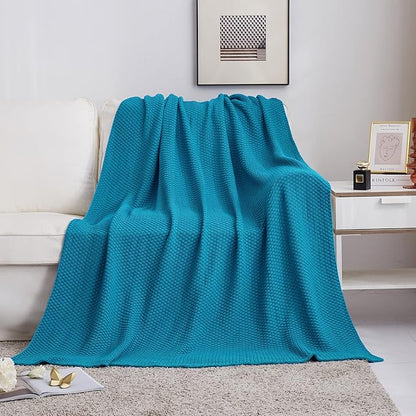Longhui bedding Teal Knitted Throw Blanket for Couch, Soft, Cozy Machine Washable 100% Cotton Sofa Knit Blankets, Heavy 4.0lb Weight, 60 x 80 Inches, Teal Color.