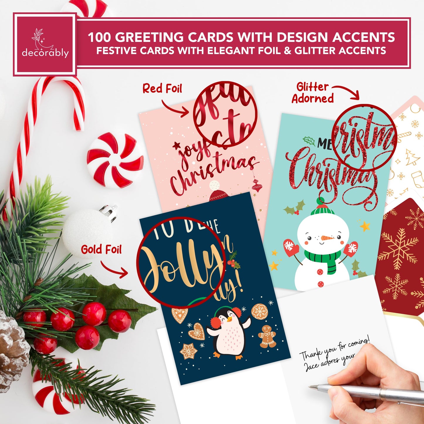 Decorably 100 Pack Foiled & Glittery Boxed 6x4in Assorted Christmas Cards with Envelopes and Stickers, 100 Unique Holiday Designs Seasons Greetings for Loved Ones, Printed Message - Gifting, Mailing